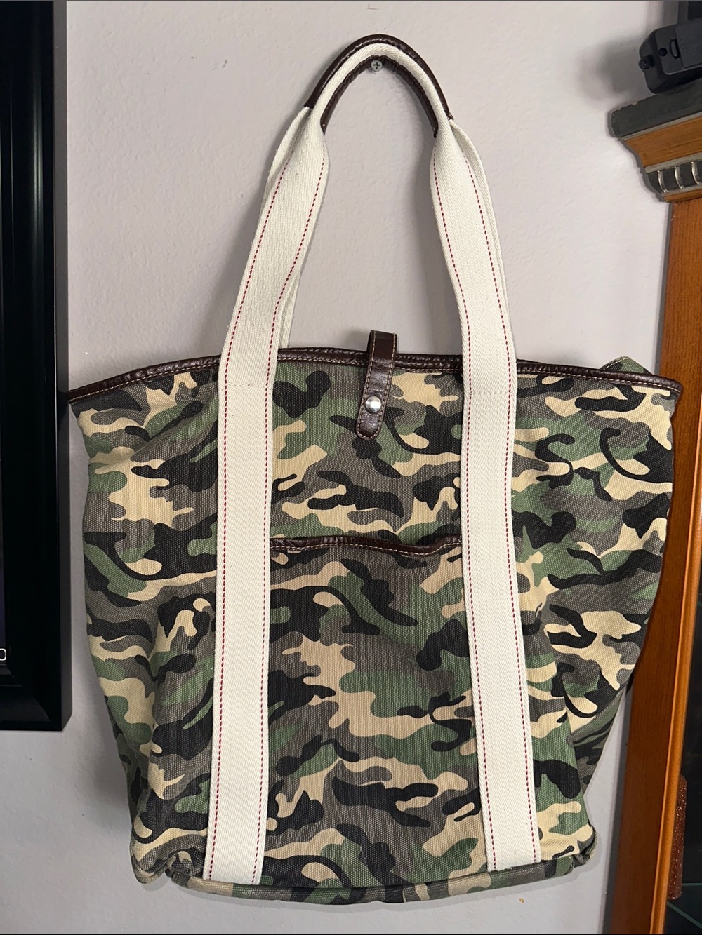 Camouflage Canvas Tote Bag with White Straps